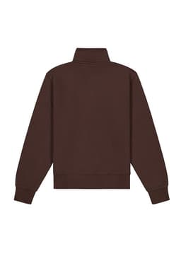 A brown women's 1/4 zip jumper, featuring a high collar and long sleeves, with a logo on the back.