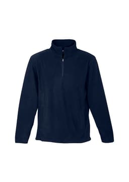 A navy men's polar fleece jacket with a half zip and a collar. The jacket has a subtle logo on it.