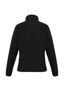 A black polar fleece women's jacket featuring a high collar and long sleeves, with a logo on the back.