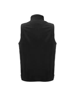 A black micro fleece vest with a high collar and no sleeves, featuring a logo.