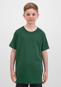A green short sleeve tee for kids displayed on a young boy, featuring a simple design and a logo.