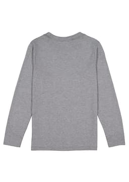 A grey long sleeve tee for kids with a simple back design and a small logo.