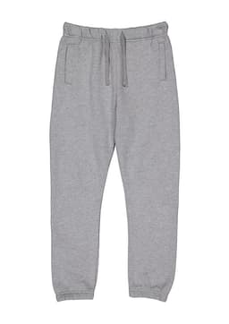 A pair of grey track pants with an elastic waistband and pockets, featuring a logo.