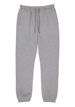Grey track pants with an elastic waistband, drawstring, and side pockets. Features a brand logo on the waistband.