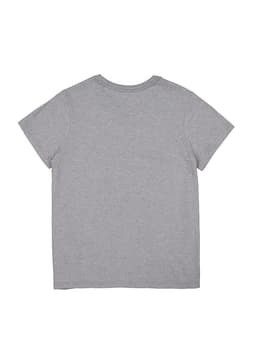 A short sleeve women's t-shirt in grey, featuring a simple design and a logo on the back.