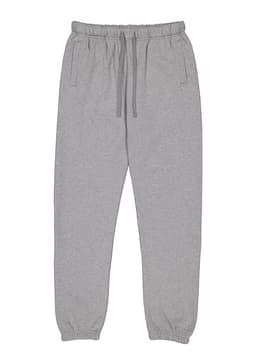A pair of light grey women's track pants with an elastic waistband and drawstring, featuring side pockets.