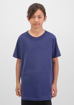 A short sleeve tee in navy blue, featuring a relaxed fit and a round neckline, displayed on a model.