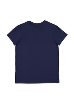 A navy blue short sleeve women's t-shirt featuring a simple design and a logo on the back.