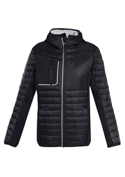 A unisex black soft shell jacket with a zip front and a large chest pocket. It features a hood and quilted design.