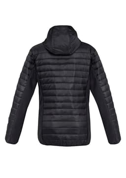A black unisex patrol jacket with a hood and quilted design on the back. It features a logo or branding.