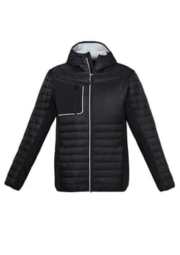A black unisex patrol jacket featuring a zip front, a hood, and a stylish chest pocket. It has a logo on the design.