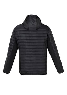 A unisex soft shell jacket in black with a hood and a quilted design. It features a logo branding.