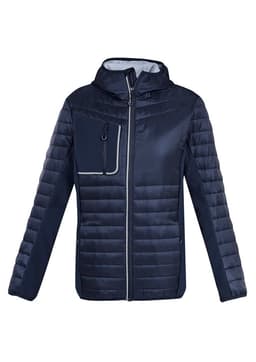 A navy unisex patrol jacket featuring a zip-up front and a chest pocket, with a contrasting grey lining.
