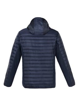 A unisex soft shell jacket in navy blue with a hood, showcasing a quilted design on the back and a logo.