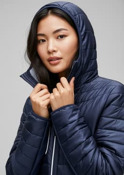 A woman in a navy unisex patrol jacket with a hood, adjusting the collar, featuring a sleek design.