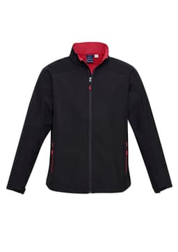 A black soft shell jacket with red accents and zippered pockets, featuring a branding logo.