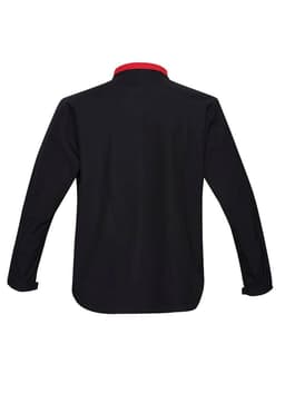A black soft shell jacket with a red collar, featuring long sleeves and a logo.
