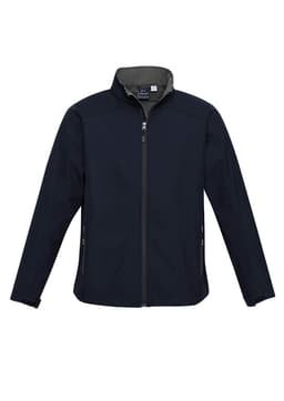 A navy jacket with a stand-up collar, featuring a zip front and side pockets, includes a logo.