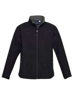 A black soft shell jacket with a zip front, side pockets, and a collar. It features branding on the inside label.