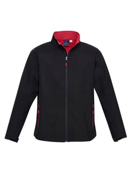 A black soft shell jacket with red detailing, featuring a zip front and pockets. It has a logo on the chest.