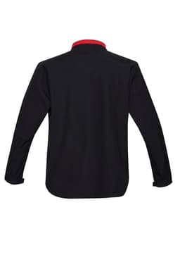 A soft shell jacket in black with a red collar, featuring long sleeves and a branded logo.