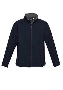 A navy soft shell jacket with a zip front, long sleeves, and side pockets. Features a logo on the chest.
