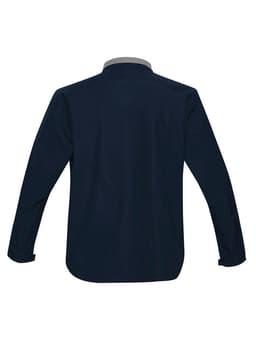 A navy soft shell jacket featuring a light grey collar, with long sleeves and a back view. It has a logo.