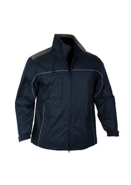 A unisex black jacket with a zippered front, elastic cuffs, and a reflective design element, featuring a logo.