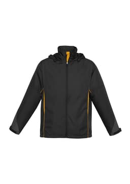 A black unisex jacket with yellow accents and a hood, featuring long sleeves and a zip front, including a logo.
