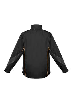 A unisex black jacket featuring yellow accents and a logo, designed for various outdoor activities.