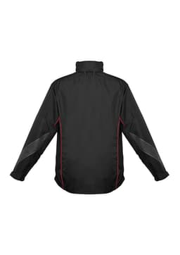 A black unisex jacket featuring red accents and reflective detailing, with a high collar and long sleeves.