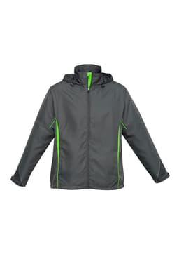 A unisex jacket in dark grey with green accents and a hood, featuring a logo on the front.