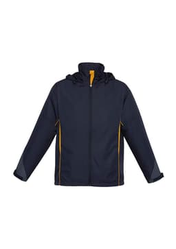 A unisex jacket in navy with yellow accents, featuring a hood and a logo on the front.