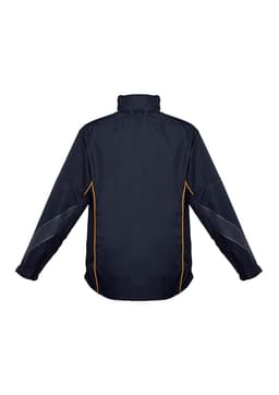 A unisex black jacket with yellow accents and reflective detailing, featuring a high collar and long sleeves.
