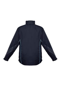 A unisex black jacket featuring light blue accents, designed with long sleeves and a high collar. It has a logo.