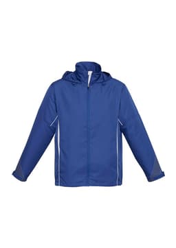 A blue unisex jacket with a hood, featuring mesh details along the sides and a front zip, includes a logo.