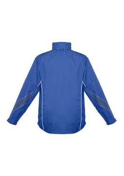 A blue unisex jacket with a high collar and reflective details on the sleeves. It features a logo.