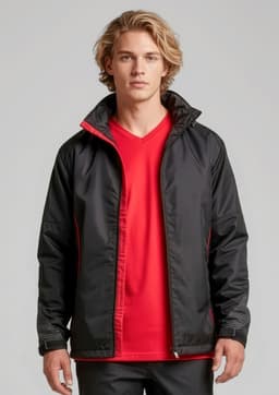 A unisex jacket in black with red accents, featuring a zip front and a collar. It has a logo on the chest.