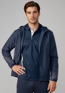 A navy unisex razor jacket featuring a hood and contrasting panel detailing. Includes a logo on the chest.