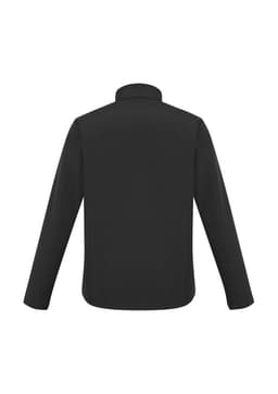 A black kids' jacket with long sleeves and a high collar, featuring a logo on the back.