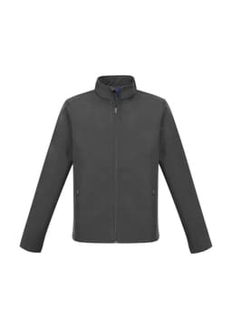 A grey jacket with a high collar and zip front, featuring side pockets and a logo.