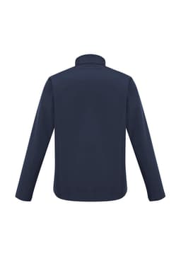 A navy jacket designed for kids, featuring a simple, classic style and a collar at the neckline.