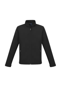 A black soft shell jacket with a zippered front, featuring a collar and long sleeves, with pockets.