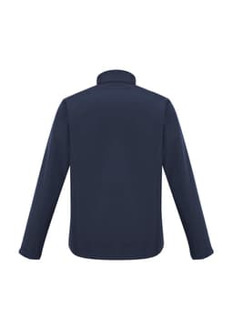 A men's soft shell jacket in navy blue, featuring long sleeves and a high collar. It has a logo on the back.