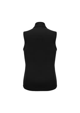 A black women's apex vest featuring a high collar and a fitted design, with a branding logo present.