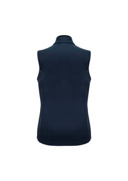 A navy women's vest featuring a high collar and no sleeves, with a logo on the back.