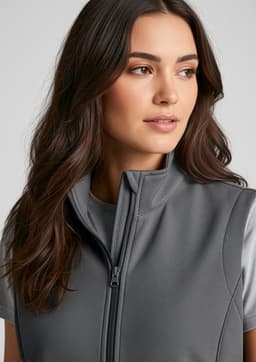 A women's grey vest with a high collar and a zip front, featuring a sleek design and a logo.
