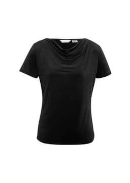 A black women's top with a draped neckline and short sleeves. Features a logo on the label.