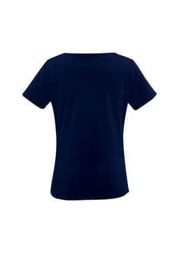 A navy blue women's top with short sleeves and a round neckline. It has a plain design and a branding logo.