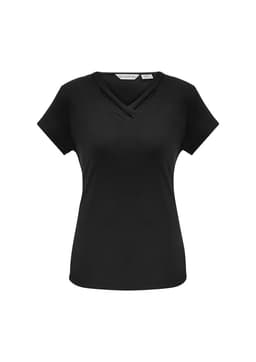 A black short sleeve women's top featuring a stylish V-neck design and a logo on the label.